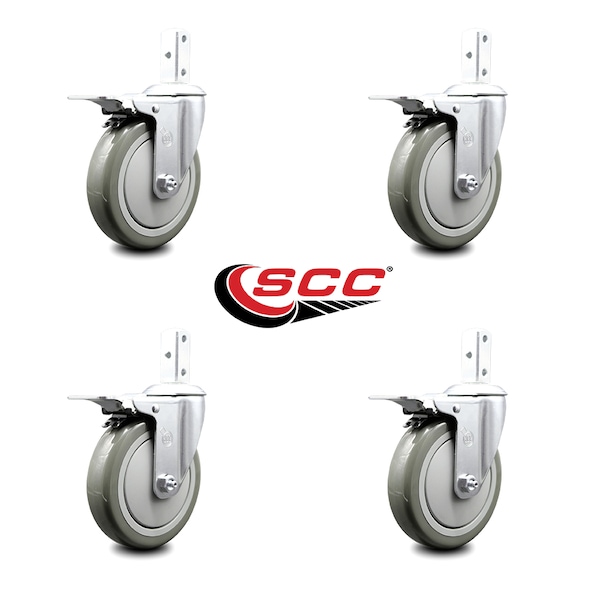 5 Inch Gray Poly Wheel Swivel 3/4 Inch Square Stem Caster Set Total Lock Brake